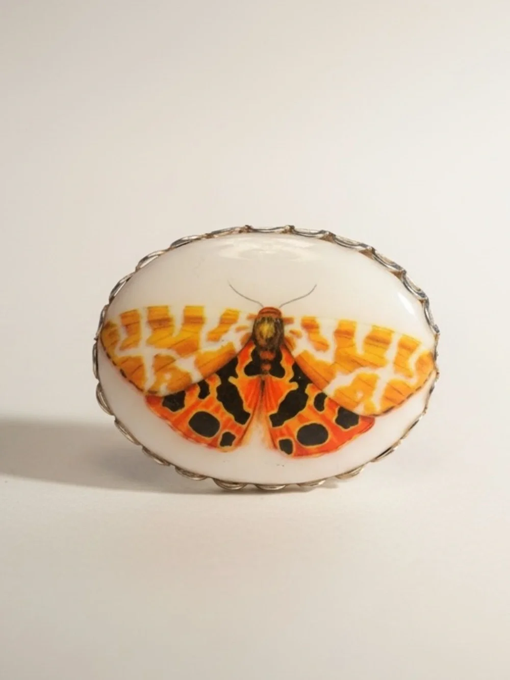 Vintage Orange and Black Moth Porcelain Brooch